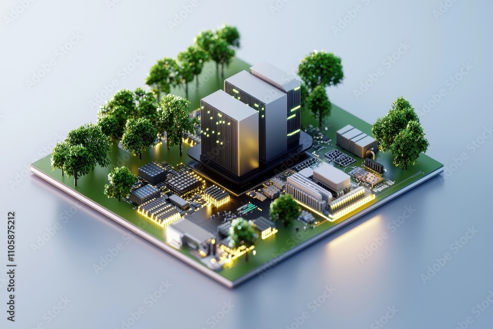 Aufkleber Futuristic Computer Chip Design with Trees and Urban Elements