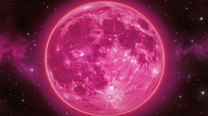 Stunning Pink Moon in Space, Surrounded by Stars and Cosmic Clouds, Perfect for Illustrating Celestial and Astronomical Themes in Art and Design
