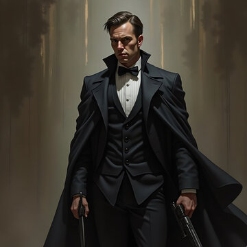 Un hombre con traje negro y capa sostiene dos pistolas en un entorno oscuro, transmitiendo elegancia y acci&oacute;n con una imagen impactante
