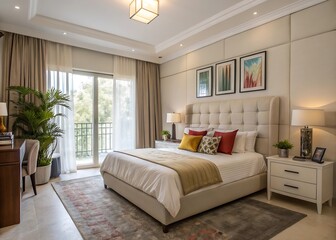 "Modern Bedroom with Neutral Tones and Vibrant Accents"