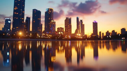 Fototapeta premium Vibrant Sunset Cityscape with Reflections in Calm Water Surface