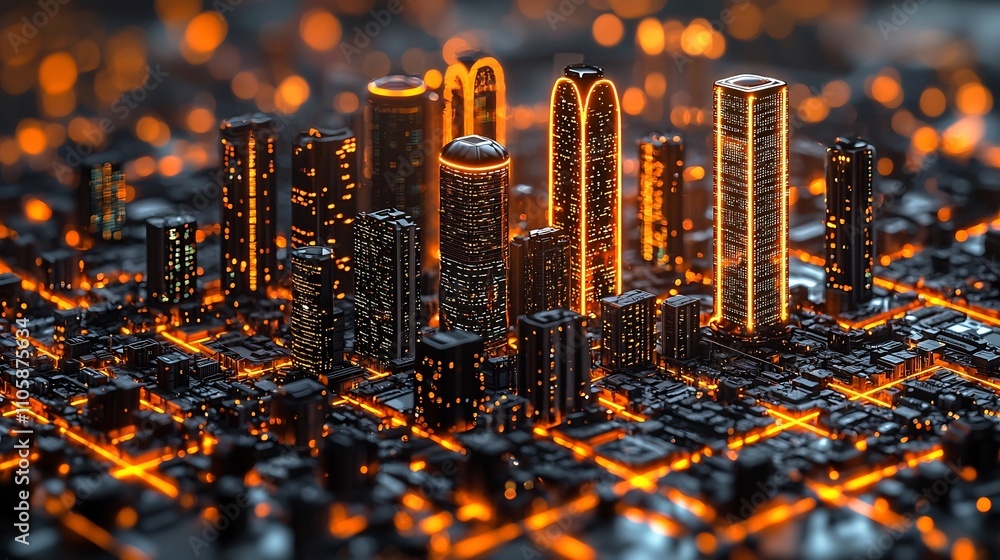Poster futuristic digital twin cityscape with real time data visualization in glowing holographic layers