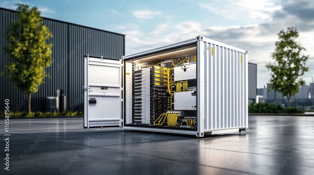 Poster Modern Network Container with Open Door and Server Setup Outside