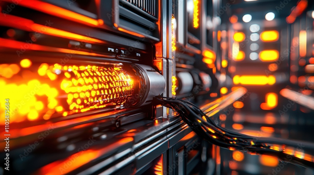 Poster high-tech data center with illuminated cables and network equipment