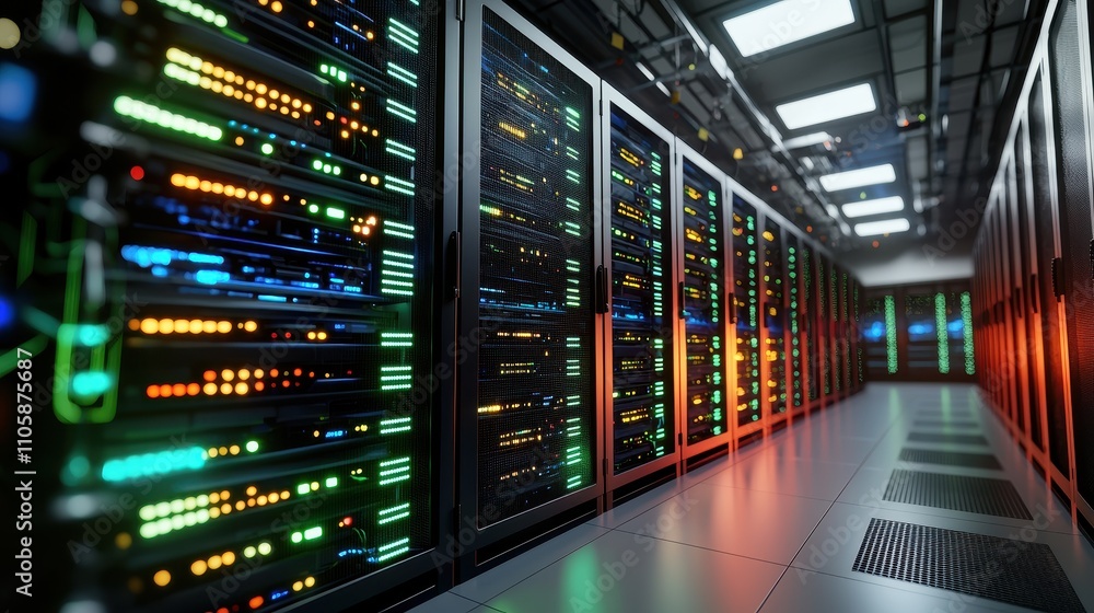 Poster Modern Data Center with Colorful Lights and High-Tech Server Racks