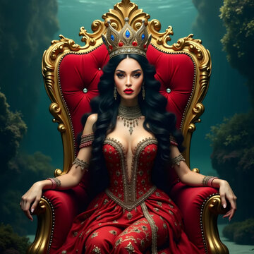 La reina majestuosa se sienta en un trono dorado, con un vestido rojo y detalles dorados, en un entorno submarino deslumbrante
