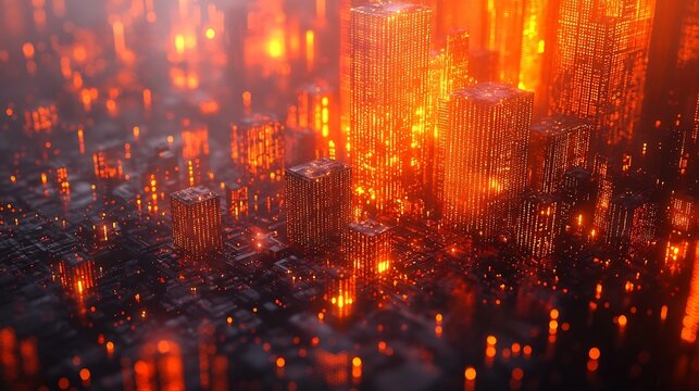 Futuristic Cityscape with Glowing Holographic Data Layers Technology Concept Copy Space