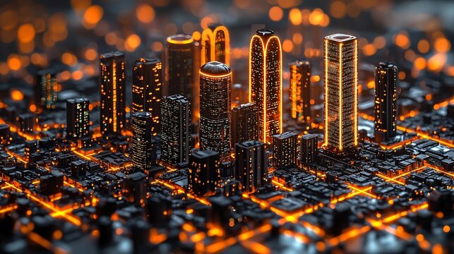 Futuristic Digital Twin Cityscape with Real Time Data Visualization in Glowing Holographic Layers
