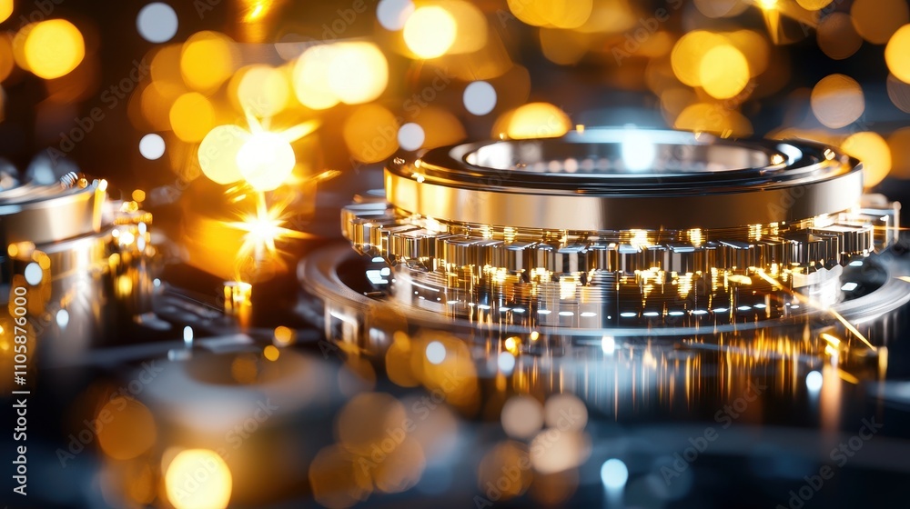 Poster Close-up of Shiny Mechanical Gears with Golden Bokeh Effect