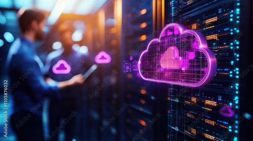 Poster Modern Server Room with Cloud Computing Concept and Technology Elements
