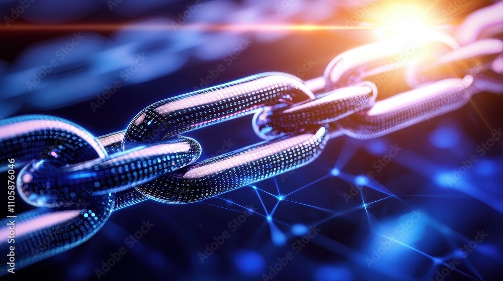 Poster close-up of a futuristic chain link with digital effects in background