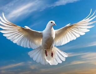 Obraz premium Flying White Dove Against Blue Sky as a Symbol of International Day of Peace