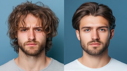 A portrait of a young Caucasian male with curly hair on the left and a sleek hairstyle on the right, both showcasing different looks against a blue backdrop., contrast of hair style, comparison