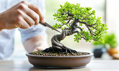 A man carefully prunes a vibrant, miniature bonsai tree with precision tweezers, showcasing the art and patience of bonsai cultivation.