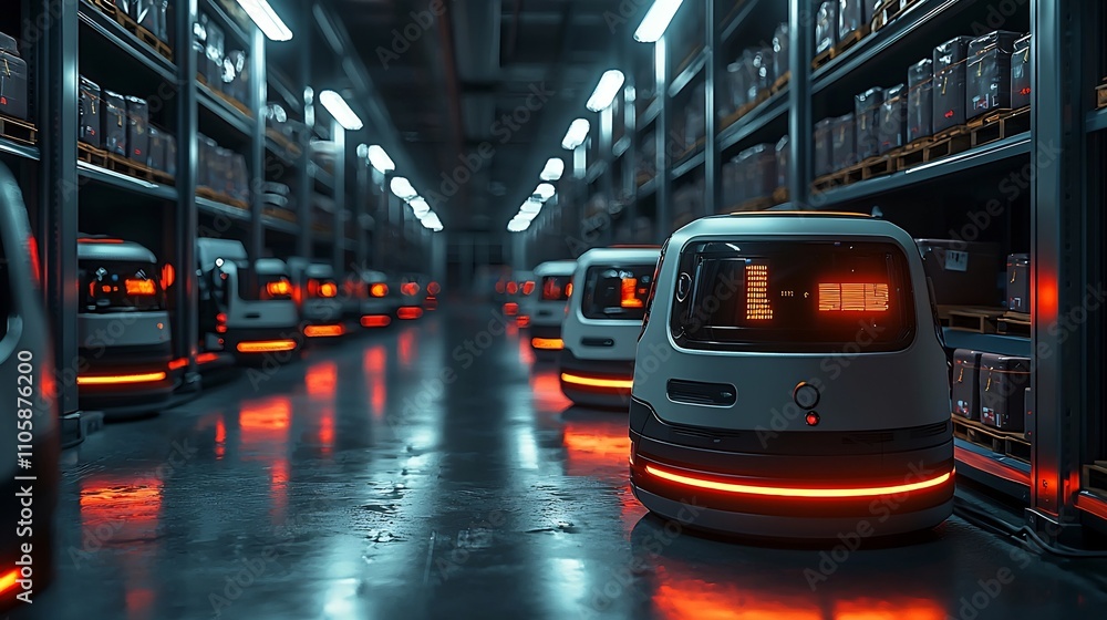 Poster futuristic autonomous robots efficiently organizing and sorting packages in a glowing warehouse