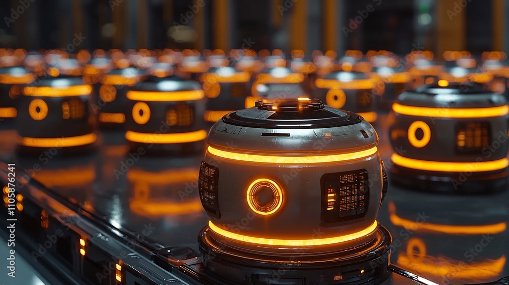 Poster futuristic warehouse with glowing autonomous robots organizing inventory in real time