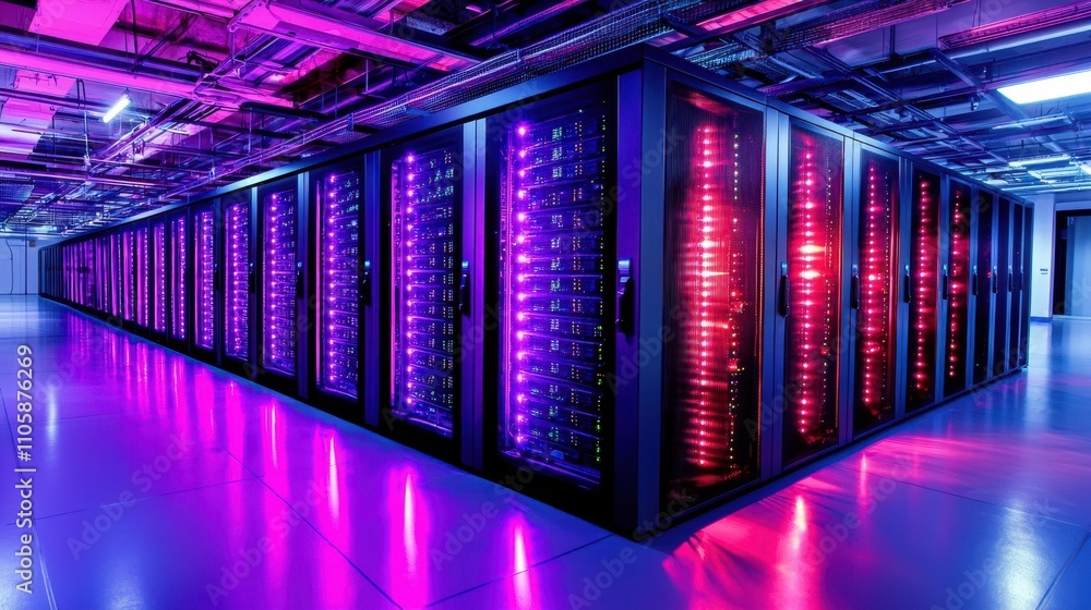 Poster Futuristic Data Center with Colorful Lighting and High-Tech Servers