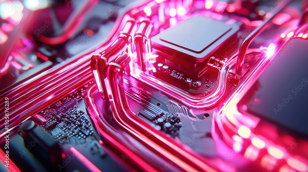 Poster close-up of circuit board with colorful light effects and wires