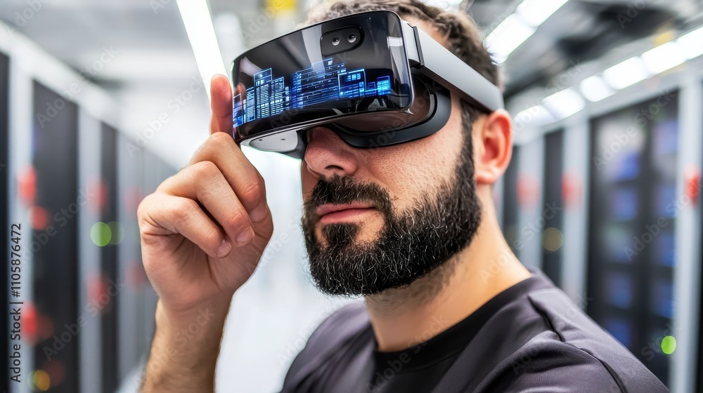 Poster man wearing virtual reality headset in a modern data center