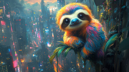 A vibrant, colorful sloth rests on a branch in a futuristic cityscape.