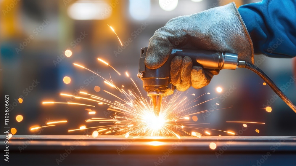 Aufkleber skilled worker operating cutting tool generating sparks in industrial workshop setting with an empha