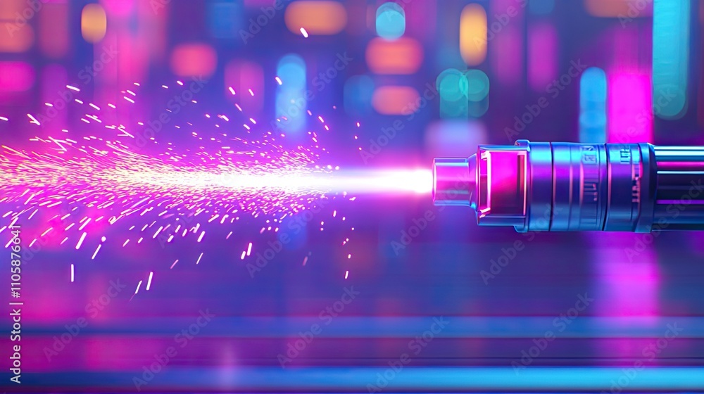 Poster futuristic laser source emitting vibrant sparks in an abstract neon environment with colorful blurre