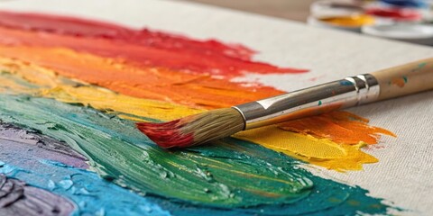 Obraz premium A paintbrush rests on a canvas displaying vibrant, richly textured strokes of rainbow hues