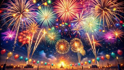 vibrant display of colorful fireworks lights up night sky, creating festive and joyous atmosphere. Balloons add to celebration, enhancing lively scene