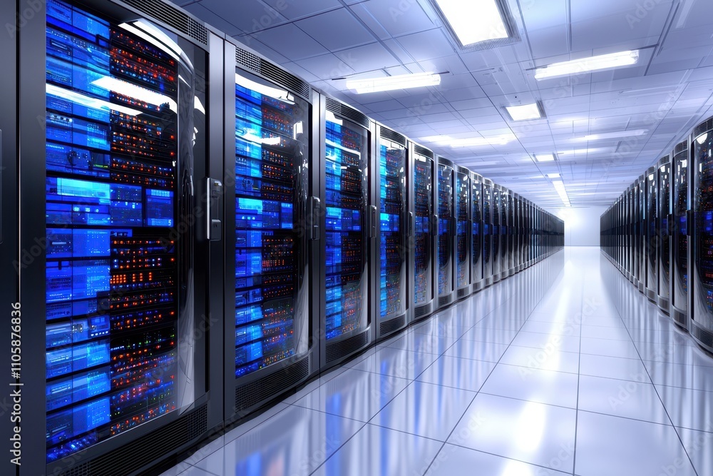 Poster Modern Data Center Interior with Rows of Servers and Illuminated Panels