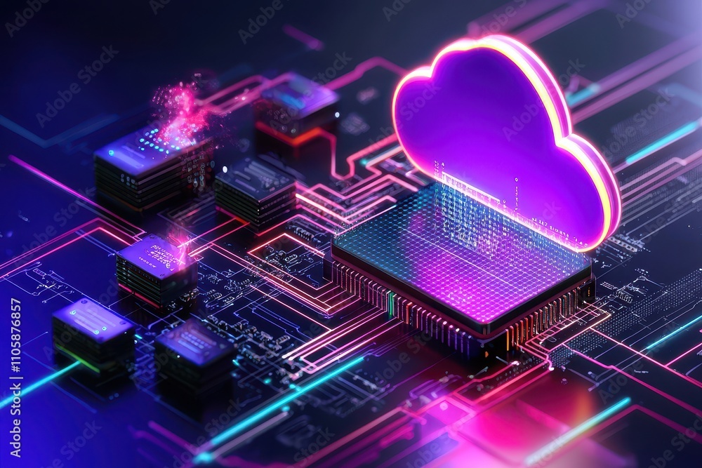 Aufkleber Bright Cloud Technology Interface with Circuitry and Data Stream
