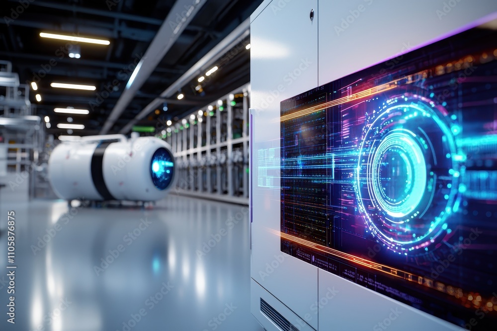 Poster Futuristic Data Center with Digital Interfaces and Advanced Technology