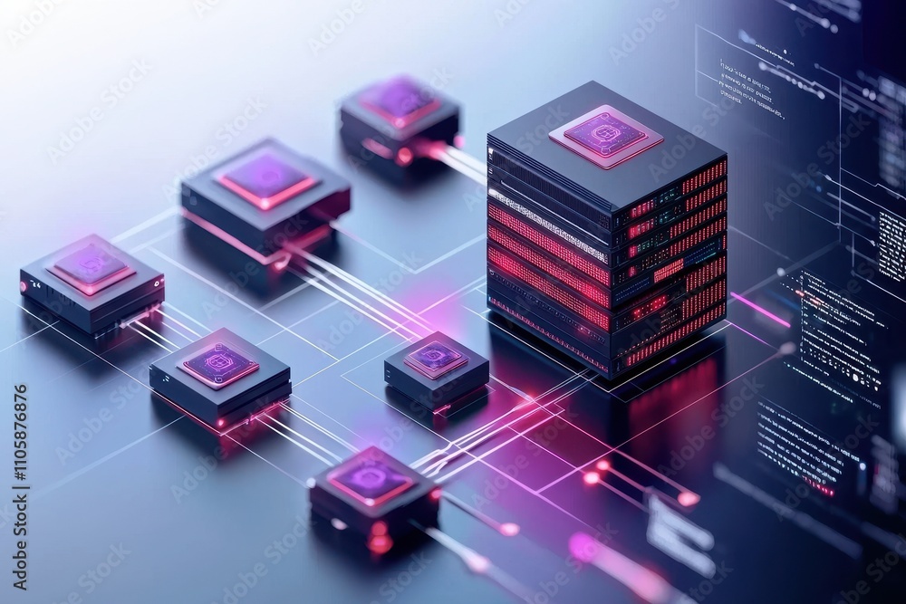 Aufkleber Modern Data Center with Computer Chips and Neon Circuit Design