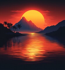 Naklejka premium Here's a and keyword list for your image.. Vibrant sunset over tropical island, reflecting on calm water.