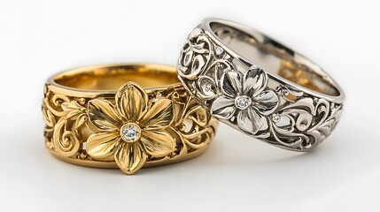 Naklejka premium Exquisite diamond and gold engagement rings with intricate designs and stunning craftsmanship.
