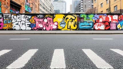 Naklejka premium Vibrant Urban Street Art on City Wall with Road Crossing Lines
