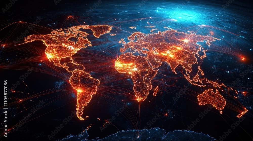 Aufkleber Digital World Map with Illuminated Connections and Data Flow