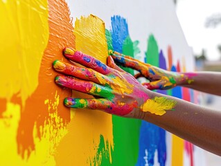 Vibrant Hands Applying Colorful Paint to a Wall, Showcasing Artistic Expression and Creativity in a Collaborative Community Art Project