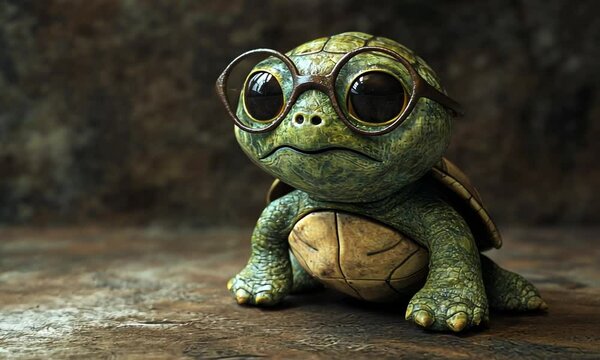 A cute, cartoonish turtle wearing glasses, sitting on a textured surface, exuding charm and whimsy.