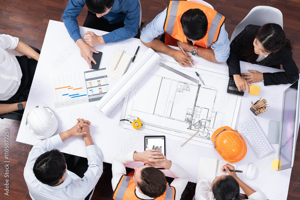 Poster top view banner of diverse group of civil engineer and client working together on architectural proj
