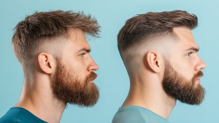 Two bearded men showcasing stylish haircuts against a light blue background, highlighting modern grooming trends and beard styles., contrast of hair style, comparison