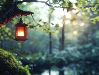 Glowing lantern hanging from tree branch in forest.