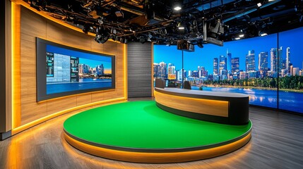 Sleek Modern TV Studio Design with Cityscape View. A sophisticated and technologically advanced studio, featuring a curved layout, a large screen, and a stunning cityscape backdrop