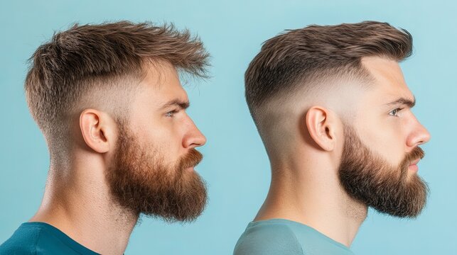 Two bearded men showcasing stylish haircuts against a light blue background, highlighting modern grooming trends and beard styles., contrast of hair style, comparison