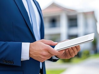 Business Professional in Suit Holding Tablet in Outdoor Setting Near Modern Building with Blurred Background, Representing Technology and Innovation
