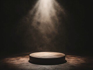 Wooden podium illuminated by spotlight in a darkened environment creating an atmosphere of anticipation