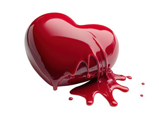 Glossy red heart melting with vibrant liquid drips on a white background