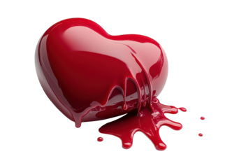 Glossy red heart melting with vibrant liquid drips on a white background