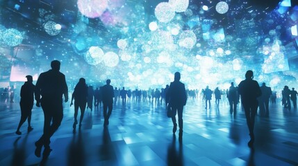 A Futuristic Cityscape: A Vibrant Crowd in a Digital Space