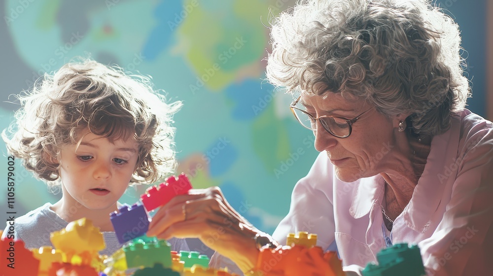 Aufkleber engaging therapist works with child on building skills through colorful blocks in bright playroom se