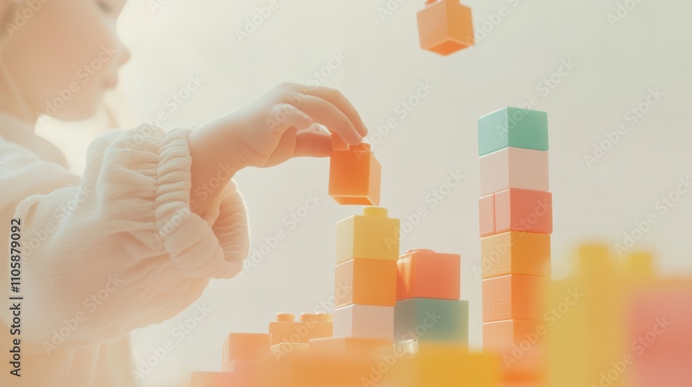 Aufkleber child developing skills while playing with colorful building blocks in therapy session